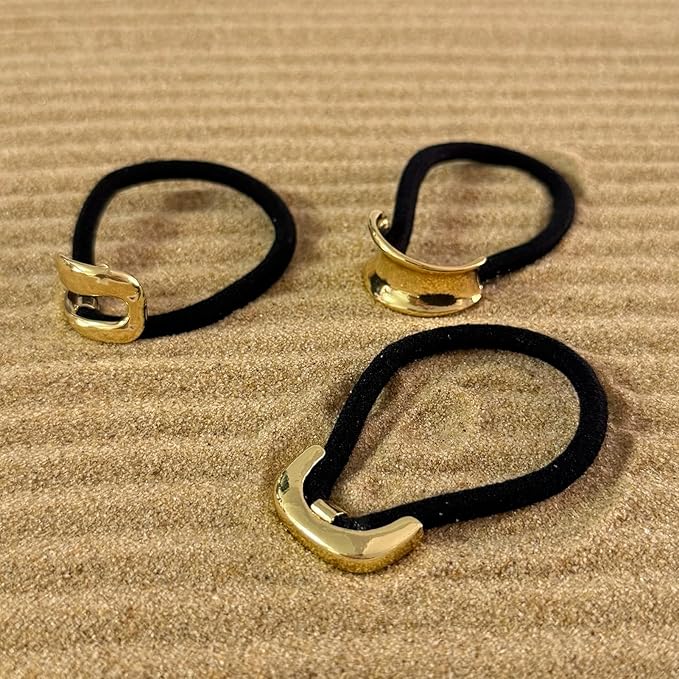 3PCS Golden Metal Hair Ties – No Damage Thick Band, High Elasticity, Durable, Stylish Golden Geometric Ponytail Holders Hair Accessories for Women