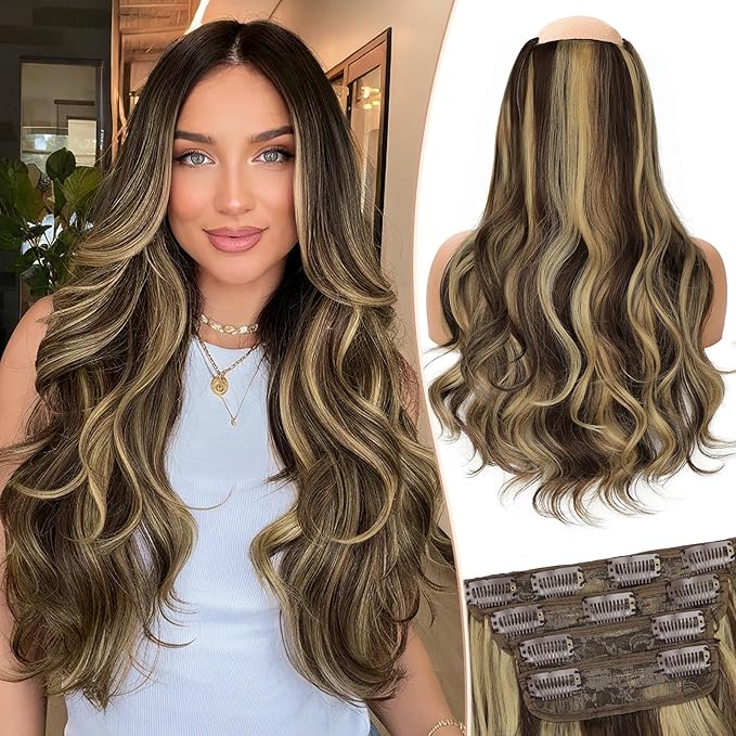 KooKaStyle Clip In Hair Extensions, Natural Long Layered Soft Invisible Synthetic Curly Wavy Hairpieces for Women, 4 pcs (20 Inch, Balayage Medium Brown to Golden Blonde)