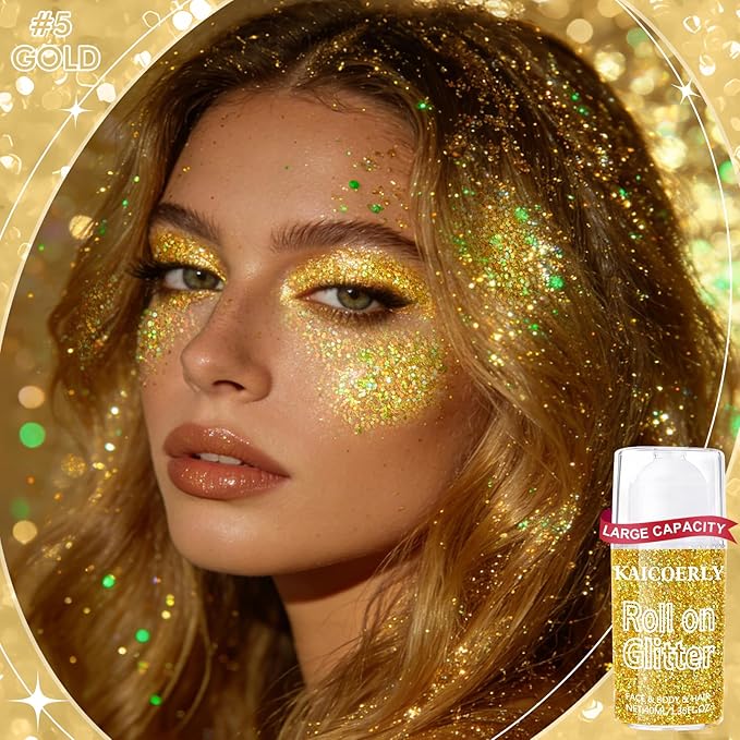 Roll-on Holographic Body Glitter Gel for Women Girls, Sparkle Chunky Glitter Makeup for Christmas New Year Festival Halloween Party Rave, Face Glitter Makeup for Face Body Hair Lips(Gold)