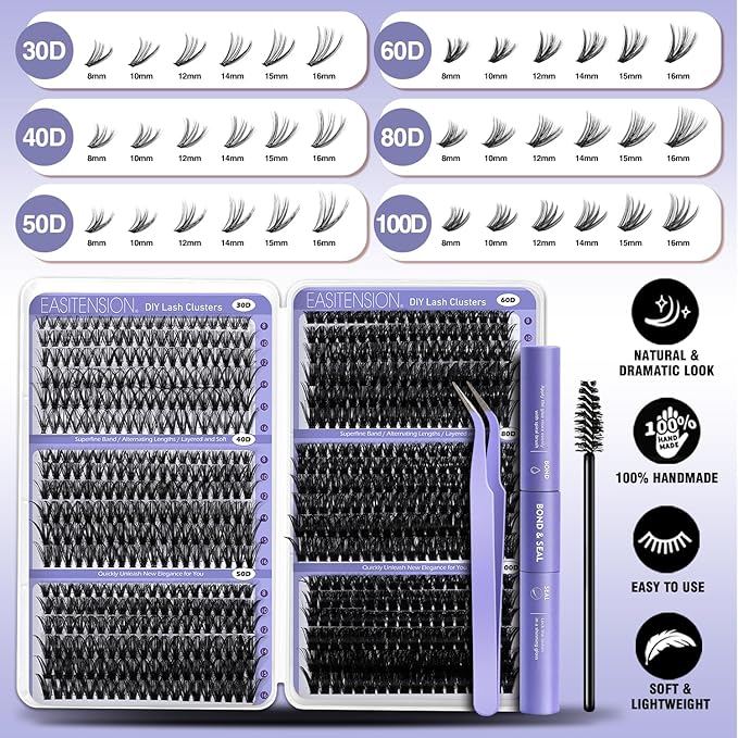 DIY Lash Clusters Kit 30-100D Volume Eyelash Extension Kit 8-16mm Thick Individual Lashes 708pcs with Lash Bond and Seal, Lash Tweezers, lash brush,Super Thin Band Eyelashes