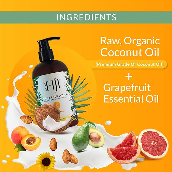 Coco Fiji Face & Body Lotion Infused With Coconut Oil | Lotion for Dry Skin | Moisturizer Face Cream & Massage Lotion for Women & Men | Grapefruit 12 oz, Pack of 1