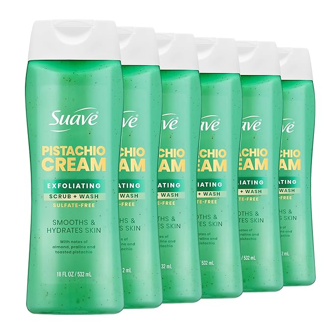 Suave Pistachio Cream Exfoliating Body Wash & Scrub with Glycerin & Vitamin E, Sulfate-Free Hydrating Cleanser for Soft, Smooth Skin, 6 Count, 18 FL OZ EA