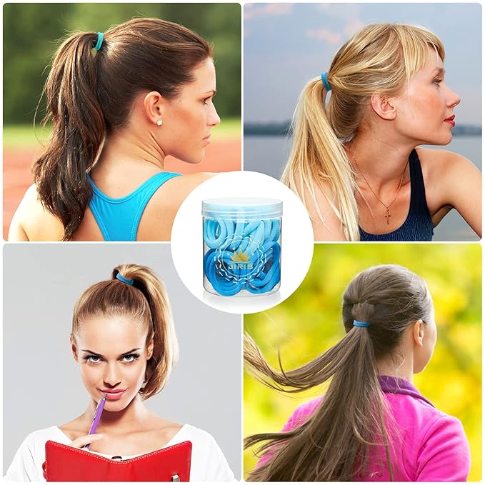 50Pcs Hair Ties for Women Girls,Cotton Seamless Hair Ties, Soft Ponytail Holders,No Crease No Damage Elastics Hair Bands with Box for Thick Heavy and Curly Hair (Blue)