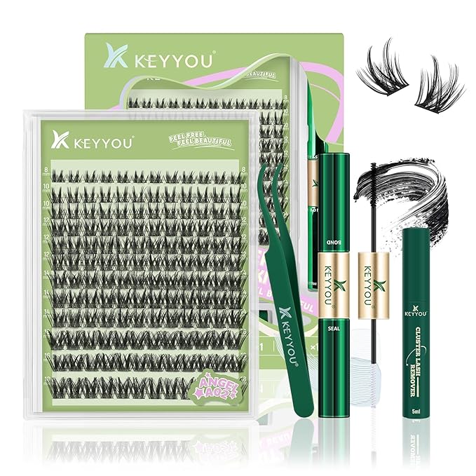 KEYYOU LASH Extension Kit 144Pcs Angel Lash Clusters Kit Thick Eyelash Extension Kit with Glue and Seal,Tweezers,Remover for DIY lash extension kit at Home（Kit-Angel A02-D-8-18MIX）