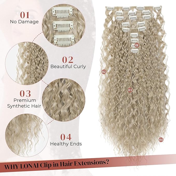 LONAI Hair Extension,9PCS 22" Curly Clip in Hair Extensions LN002 Long Soft Thick Synthetic Hairpieces for Women-Ash Blonde
