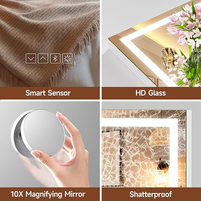 MINISO Vanity Mirror with Lights,37"x25.6"LED Makeup Mirror with Bluetooth Speaker,Touch Sensor,3 Light Colors,Dimmable,Metal Frame,with 10X Magnifying Glass,Rectangular White