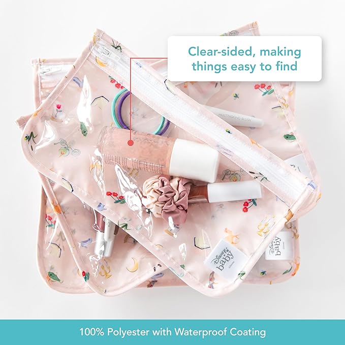 Bumkins Disney Travel Bag, Toiletry, TSA Approved Pouch, Zip Bag, Quart Size Airline Compliant, Clear-Sided, Baby, Diaper Bag Organization, Accessories, Packing, Set of 3 Sizes, Princess Magic Pink