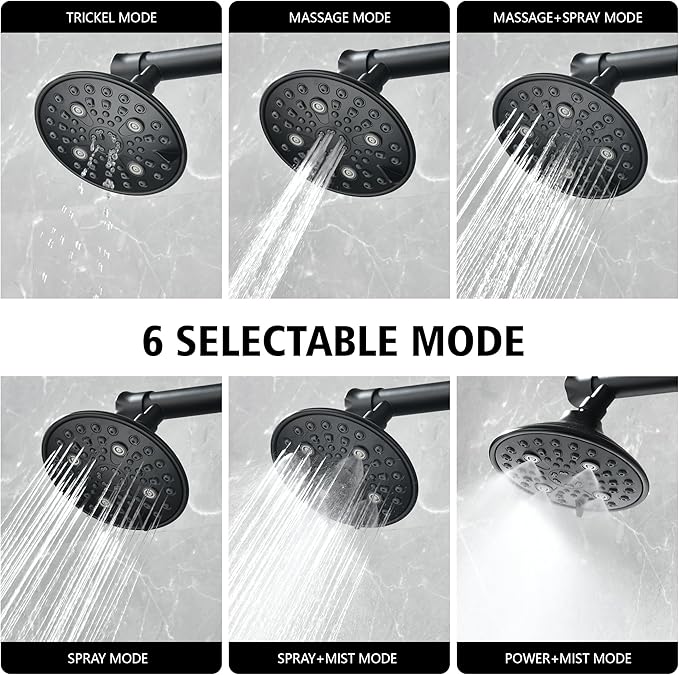 sumerain Matte Black Dual Shower Head Set with 20" Long Shower Arm,Enjoy High Pressure 6 Setting Rain Shower Separately or Together