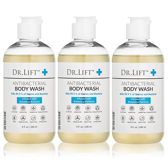 DR. LIFT Antibacterial Body Wash, 8 oz (3-Pack) - Gentle & Effective Shower Gel - Made in America