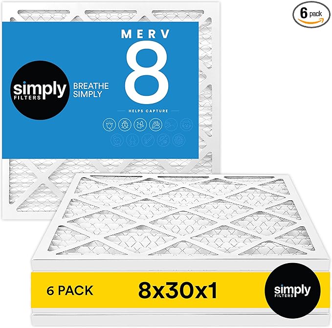 Simply 8x30x1 Air Filter, Merv 8, 6 Pack, For Home AC Furnace & HVAC (Actual Size: 7.75"x29.75"x0.75") DUST, Pet, & Allergy Control