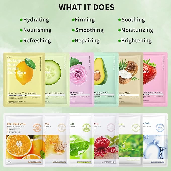 12 Pack Variety Face Masks Skincare for Women Sheet Face Mask for Kids Teens Girls, Hydrating Face Masks, Pamper Gift Bulk Face Mask Set Spa Party Gift for Kids Teens Girls Women, Valentine's Day Gift