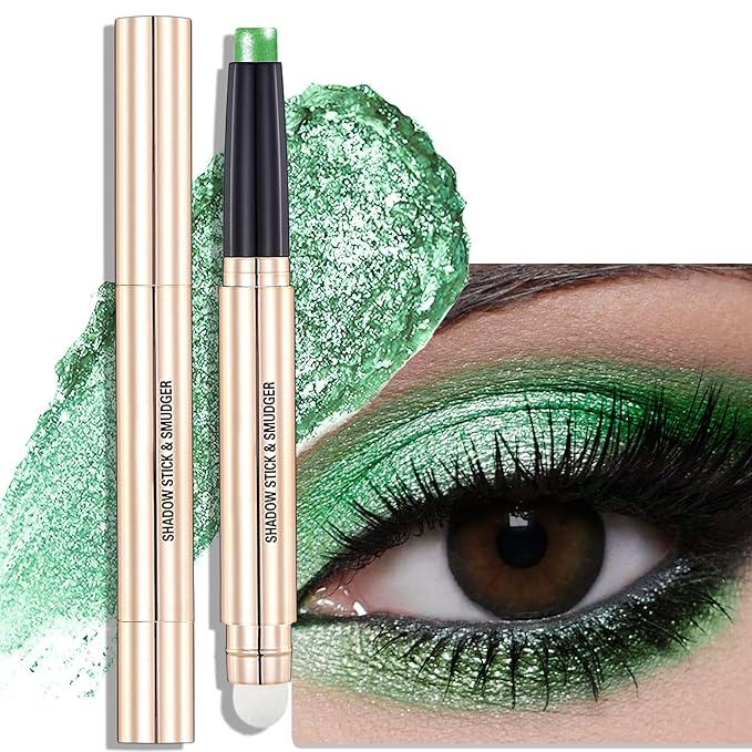 Bright Green Shimmer Eyeshadow Stick - Dual-Ended Long-Lasting Cream Eye Shadow for Older Women Crease-Proof Metallic Eyeshadow Pencil, Multi-Use Eye Highlighter Makeup with Built-in Smudger