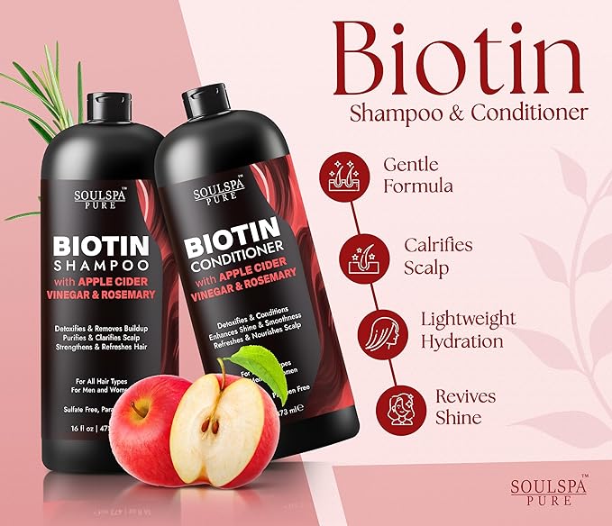 Biotin Shampoo and Conditioner Set with Apple Cider Vinegar & Rosemary Oil | Sulfate Free Scalp Care & Hair Strengthening System for Thinning, Oily or Color-Treated Hair – 16 fl oz Each | SOULSPA PURE
