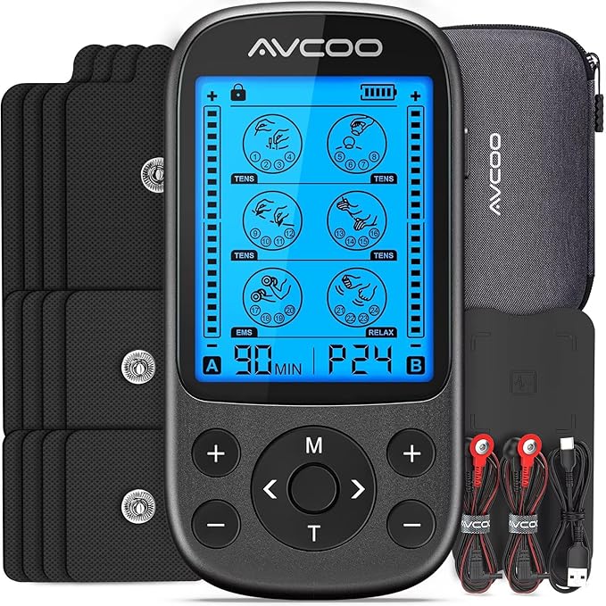 AVCOO Dual Channel TENS Unit Muscle Stimulator, 3-in-1 EMS TENS Machine with 24 Modes & 40 Levels, Rechargeable EMS Massager for Neck, Shoulder & Back Pain Relief with 12 Pads, EVA Case, Black