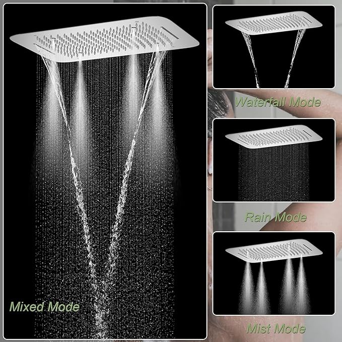KATAIS Polished Chrome 16X24 inch Ceiling Mounted Shower Head Set(Rain&Waterfall&Mist 3 Modes), Digital Display Shower System with 6 PCS Body Jet and Handheld Spray