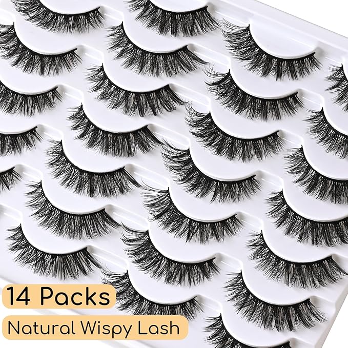 Lashes False Eyelashes Cat Eye Lashes Mink Lashes Wispy 14 Pairs Fake Eyelash Natural Lash Strips Fluffy Eye Lashes Pack Short Strip Lashes Natural Look Wispies Cateye Lashes for Women