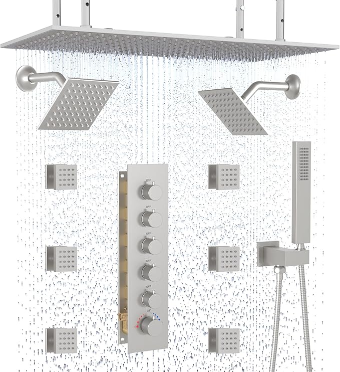 HOMEDEC Dual Side 6" Wall Mounted Shower System, 15.7x31.5" Ceiling Rain Shower, with Handheld and 6 Spray Jets, Brushed Nickel
