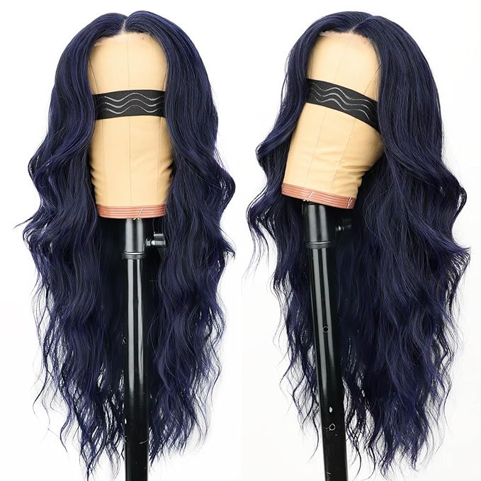 AISI HAIR Dark blue Wigs for Women, Long Wavy Lace Hairline Middle Part Synthetic Heat Resistant Wig for Daily Party-26 Inch