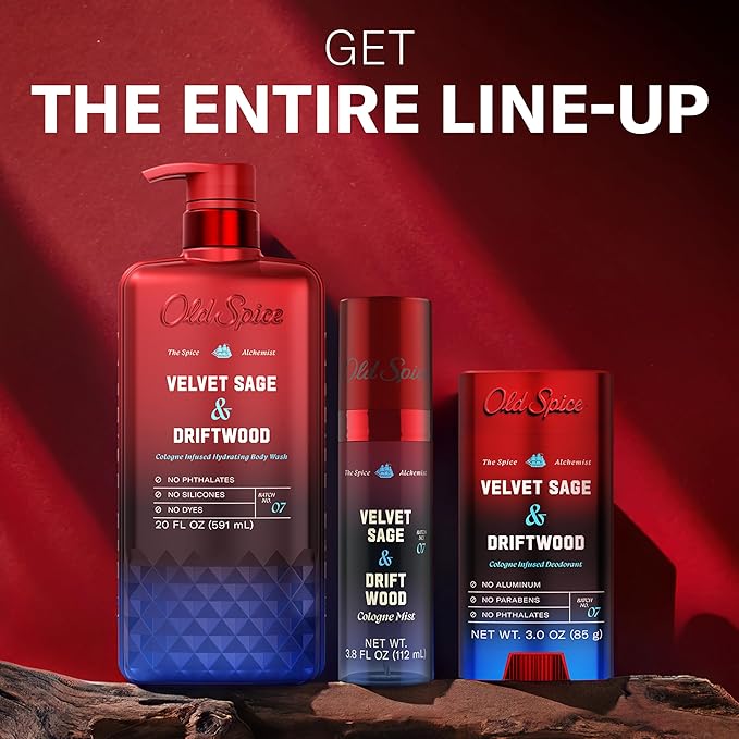 Old Spice Aluminum Free Deodorant for Men, The Spice Alchemist Collection, 24/7 Cologne Infused Scent, No Trade Off Formula, Free of Parabens & Phthalates, Velvet Sage + Drift Wood Scent, 3.0 oz