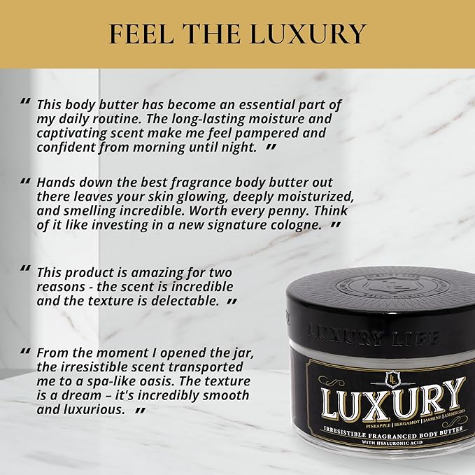 LUXURY LIFE BUTTER - Scented, Luxurious Body Butter With All-Natural Hyaluronic Acid For Soft, Hydrated Skin - For Men & Women - Suitable For All Skin Types - Luxury Life Trunk Collection 240 oz.