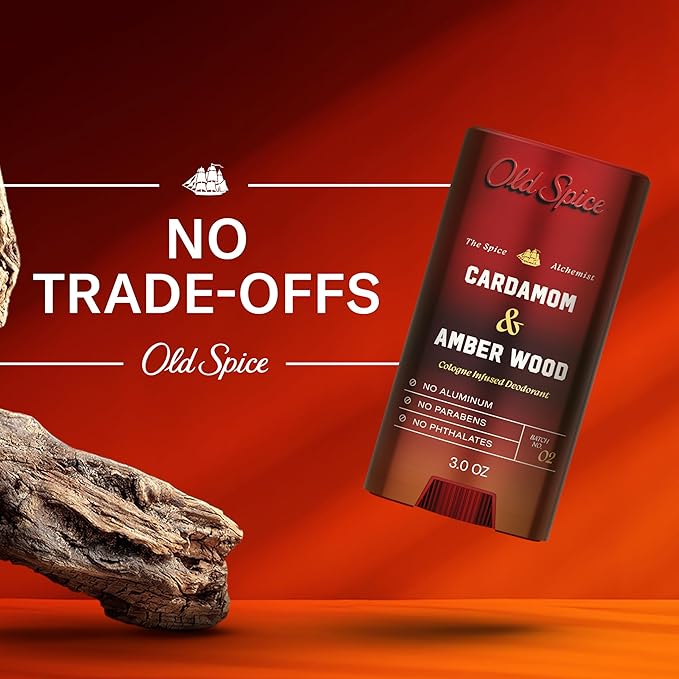 Old Spice Aluminum Free Deodorant for Men, The Spice Alchemist Collection, 24/7 Cologne Infused Scent, No Trade Off Formula, Free of Parabens & Phthalates, Cardamom + Amber Wood Scent, 3.0 oz