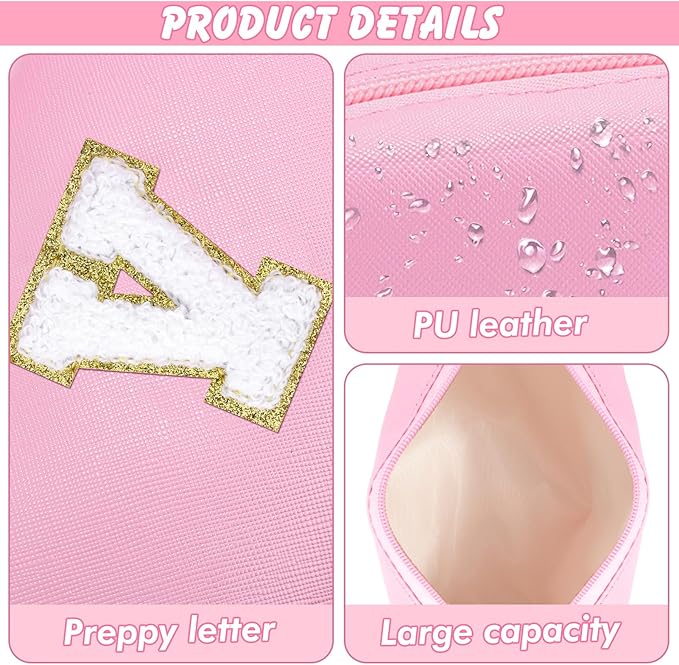 URSKYTOUS Initial Makeup Bag Personalized Preppy Travel Small Cosmetic Bag Cute PU Pink Chenille Letter Makeup Pouch for Purse Waterproof Zippered Toiletry Organizer for Women Girls Kids Friends (V)