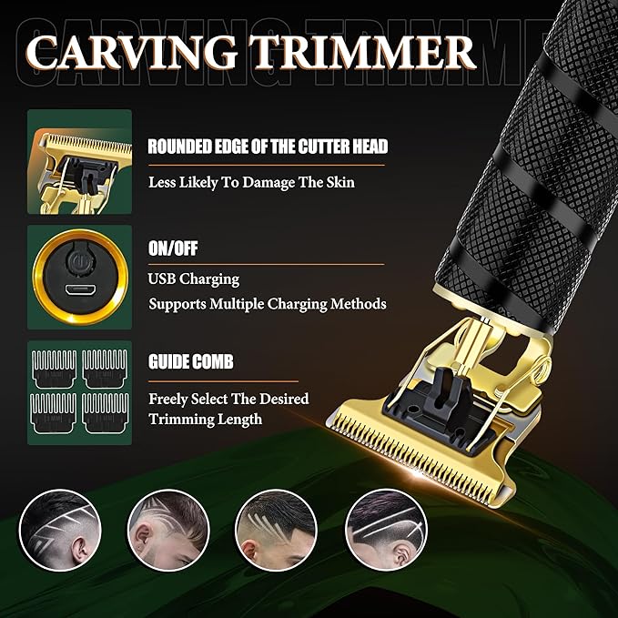 Hair Clippers for Men, 3-Piece Professional Grooming Kit Includes Hair Clipper, LED Power Display,Detail Trimmer and Nose Trimmer, Complete Cordless Set for Home Barber Use (Black)