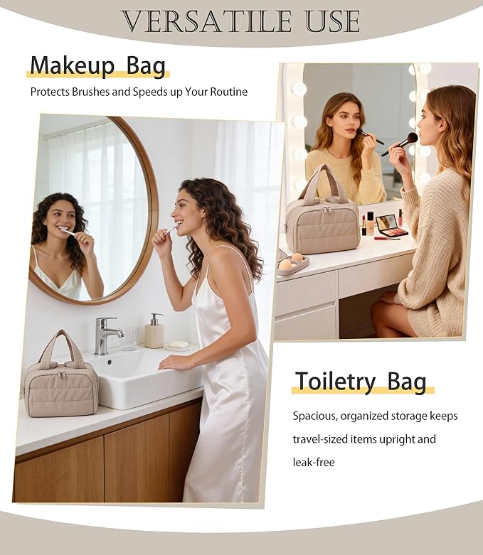 BUZFOWU Travel Toiletry Bag for Women, Large Wide-open Puffy Cosmetic Makeup Bag with Wet-Dry Separation, Multi-Pocket Organizer with Carry Handle for Toiletries, Cosmetics, Essentials, Camel
