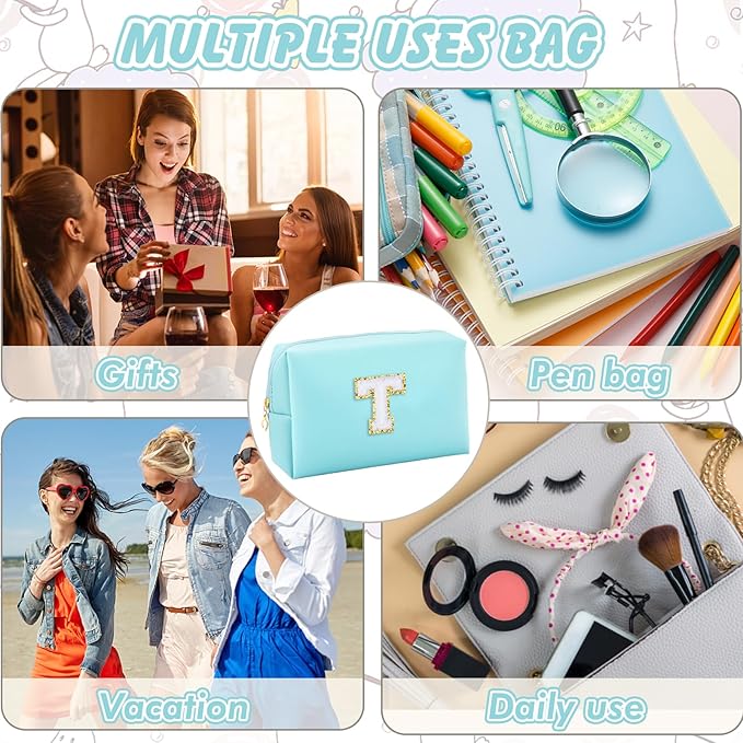 URSKYTOUS Gifts for Girls Initial Makeup Bag Personalized Cosmetic Bag with Zipper Cute Travel Toiletry Bag Waterproof PU Preppy Makeup Pouch Birthday Gift for Teen Girls Women(Blue T)
