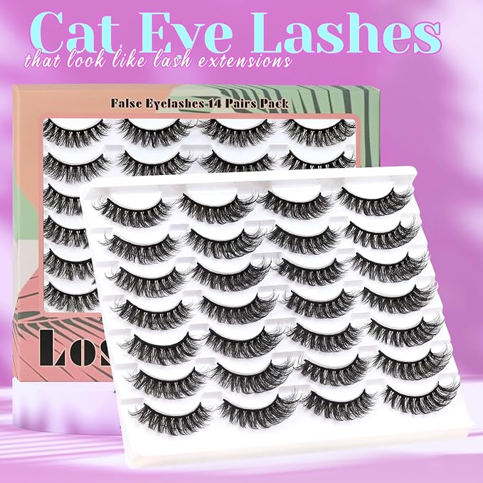 Losha Lashes Fluffy Cat Eye Lashes D Curl False Eyelashes 6D Volume Full Eye Lashes Pack 14 Pairs Soft Fake Eyelashes (Classic)