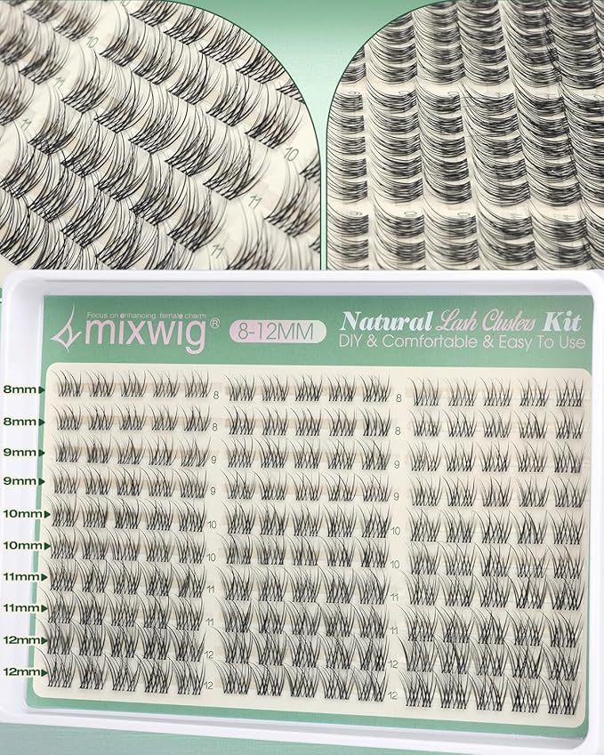 Short Lash Clusters Kit 8-12MM Natural Lash Extension kit Invisible Band Eyelash Clusters Wispy Cluster Eyelash Extensions C Curly DIY Cluster Lashes Bond and Seal Tweezers by Lvmixwig