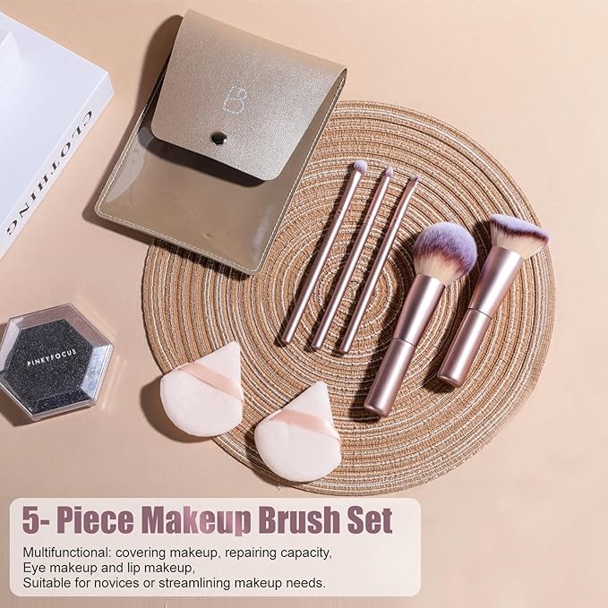 BS-MALL Travel Makeup Brushes Premium Synthetic Foundation Powder Concealers Eye Shadows 7 PCS with Triangle Puff & Storage Bag (Bright pink)