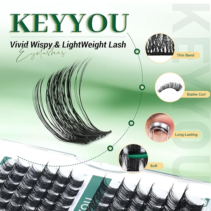 Lash Clusters 96pcs Individual Lashes Y04 D Curl 16mm Eyelash Clusters KEYYOU Volume Wispy Lash Extension Soft&Comfortable Easy DIY at Home(Y04,D-16mm)