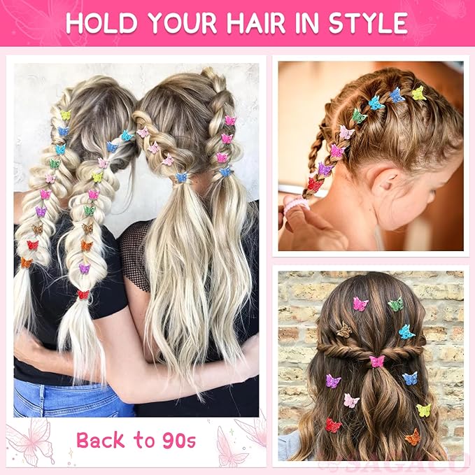 Butterfly Hair Clips Claw, 90s Glitter Y2K Mini Bling Hair Accessories for Women Girls, Cute Dazzling Hair Clip in 10 Sparkly Colors, Durable Grip for Hair Styling, 50 Pieces (Glitter Color)