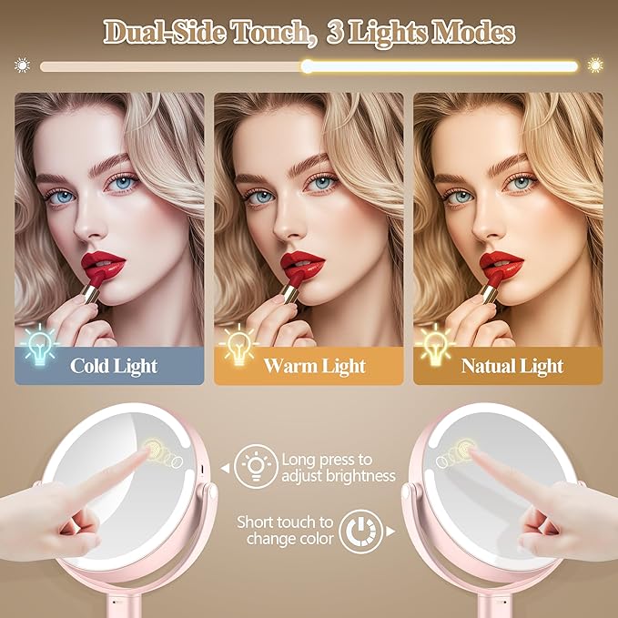 Makeup Mirror with Lights, Double Sided 1x/20x Magnifying Mirror with Light, Rechargeable 3 Color Lights and Adjustable Brightness, 360° Rotation Detachable Comes with Tweezer(Pink)