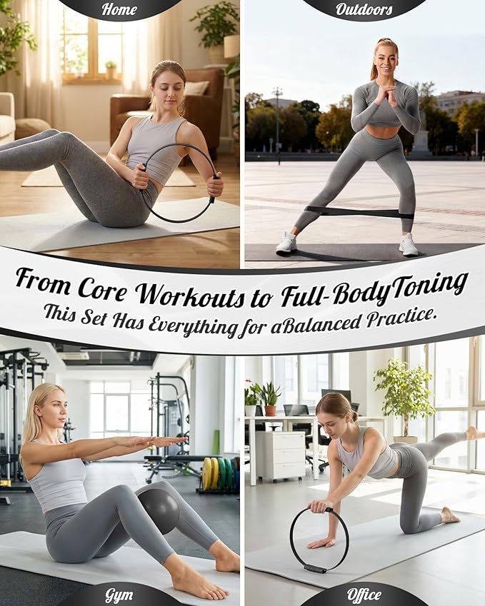 Pilates Ring Set, Home Pilates Kit for Women Pilates Equipment Ring and Ball Set Magic Circle Hoop with 5 Resistance Bands Compact Toning Fitness Essentials Starter Set Accessories