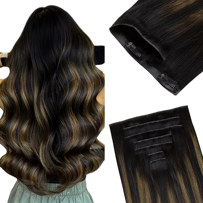 GOO GOO Invisi Edge Clip in Hair Extensions 22inch 160g 7Pcs Injected Seamless PU Clip in Hair Extensions, Virgin Real Human Hair, #1B/6/1B Balayage Natural Black to Chestnut Brown