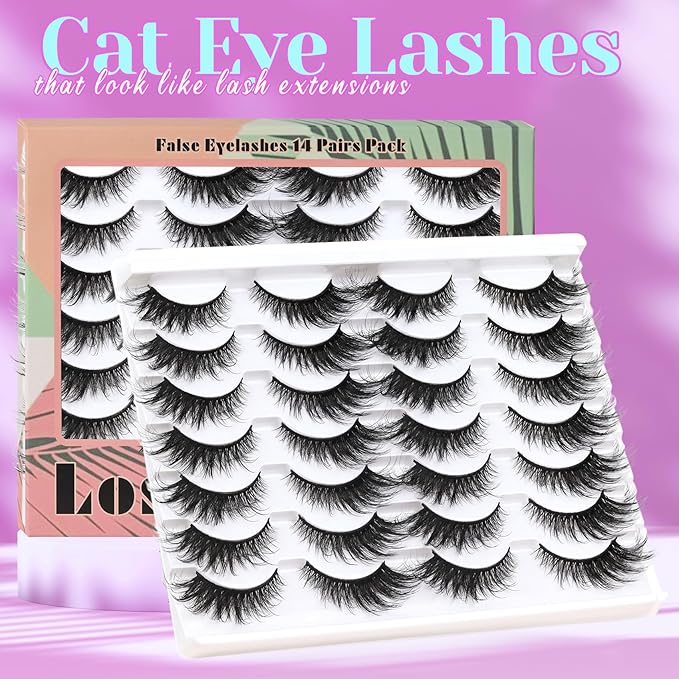 Losha Lashes Fluffy Cat Eye Lashes 14 Pairs False Eyelashes 6D Volume Faux Mink Lashes that Like Lash Extensions Soft Reusable Fake Eyelashes (704-14P)