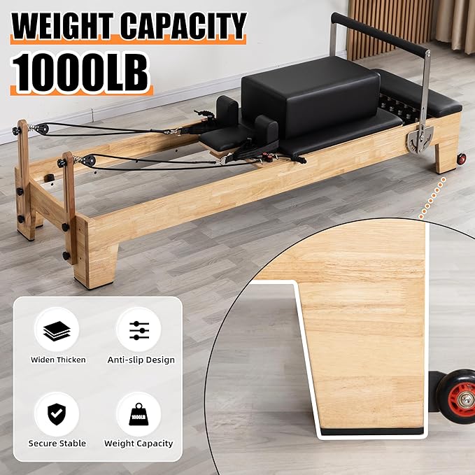 Pilates Reformer Machine, Wood Pilates Machine Bed Yoga Exercise Strength Training Equipment for Home Workout