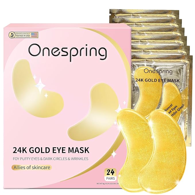 Onespring Under Eye Patches (24 Pairs) - Bridesmaid Gift, Valentine's Day Gift- 24K Gold Under Eye Masks for Dark Circles, Puffy Eyes, Wrinkles - Rejuvenating & Revitalizing Eye Skincare Treatment