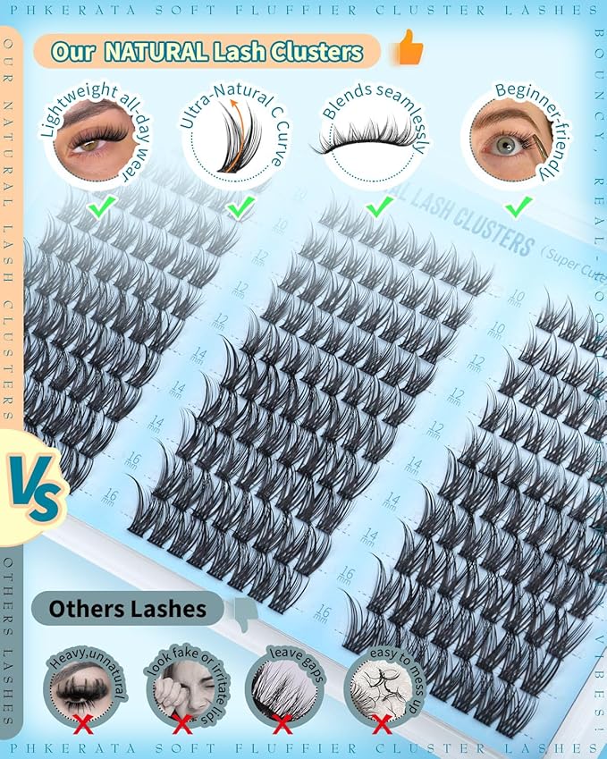 Eyelash Clusters Natural Lash Clusters Eyelash Extensions 240Pcs Wispy Cluster Lashes 10-16mm Lash Extension DIY Soft C Curly Individual Lashes with Thin Lash Band