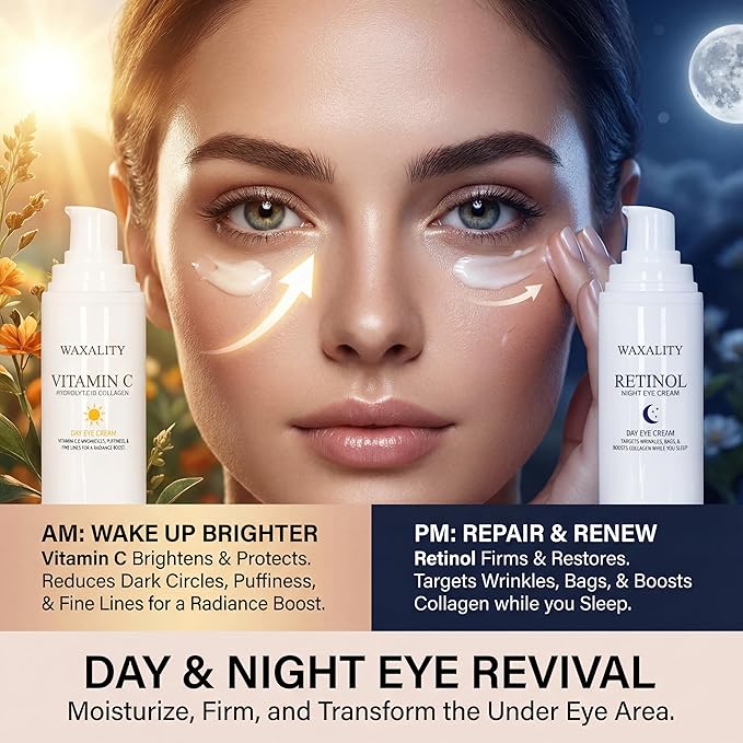 Retinol Under Eye Cream for Dark Circles, [Vitamin C] Remove Puffiness & Wrinkles, Day & Night Brightening Anti-Aging Eye Cream for Fine Lines, 0.67 Fl Oz