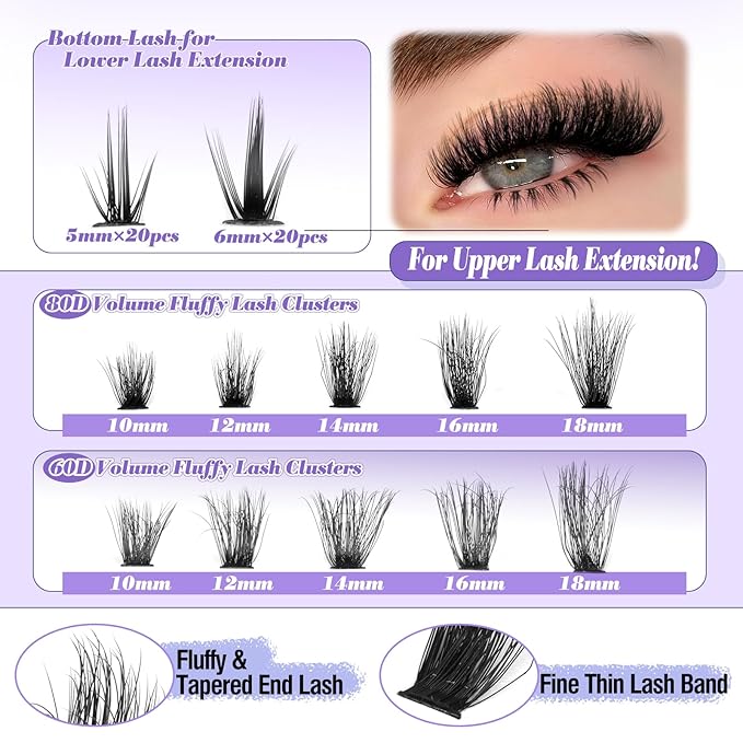 Yawamica Lash Clusters Kit DIY Lash Extension Kit with Bottom Lashes Fluffier Wispy Cluster Eyelash Extension 10-18MM 60D+80D Individual Lashes Kit with Lash Bond and Seal and Applicator for Beginners