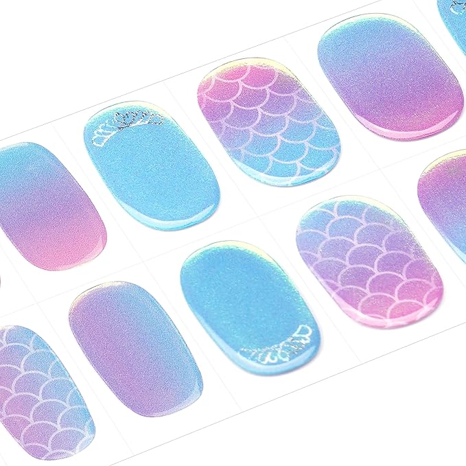DANNI & TONI Kids Gel Nail Strips Mermaid Crown Blue Purple Aurora Ombre Salon-Quality Peel & Stick Manicure for Children (Age 6+)– Safe, Long-Lasting, Easy to Apply |Mermaid Glimmer