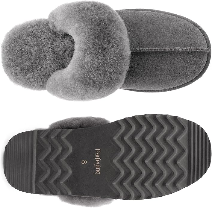 Parfeying Women's Shearling Slippers Genuine Leather with Rubber Sole, Sheepskin Fuzzy Indoor Outdoor Shoes for Home