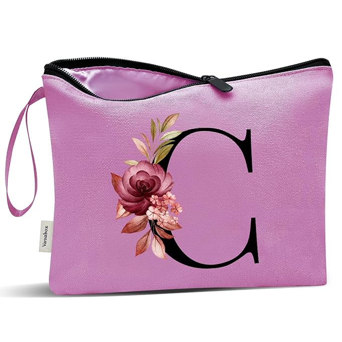 Vavabox A-Z Personalized Makeup Bag, Birthday Gifts for Women Mom, Gifts for Best Friend, Bride Bridesmaid Cosmetic bag (C, Purple)