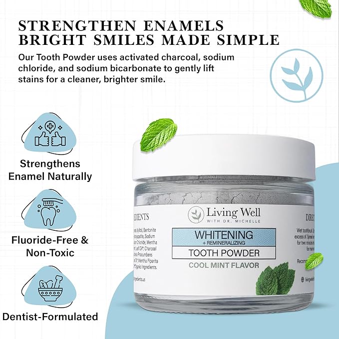 Living Well with Dr. Michelle Remineralizing & Whitening Tooth Powder Cool Mint | Fluoride-Free Hydroxyapatite Formula | Supports Enamel Strength and Natural Whitening