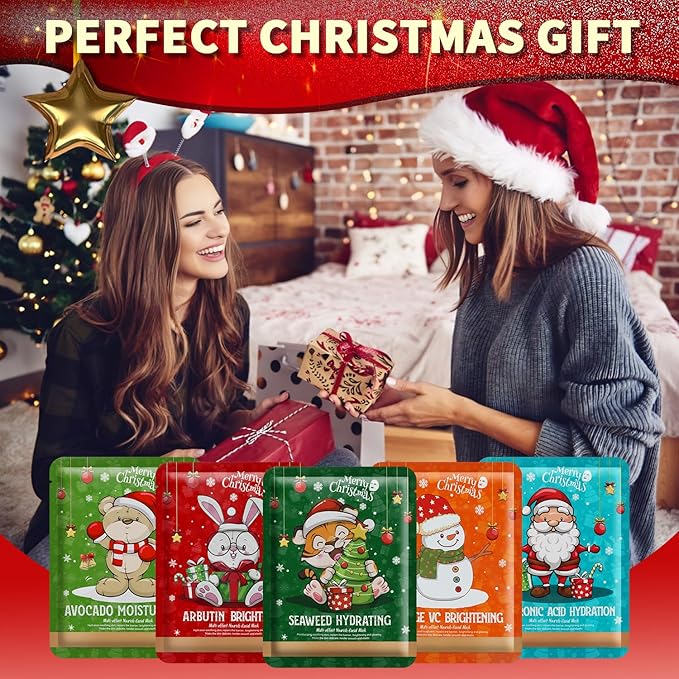 YTRAJU 10 Pack Christmas Face Masks Skincare for Christmas Gifts, Face Sheet Masks for Christmas Stocking Stuffers, Hydrating and Bightening, Holiday Face Masks Christmas Gifts for Teens Girls Women