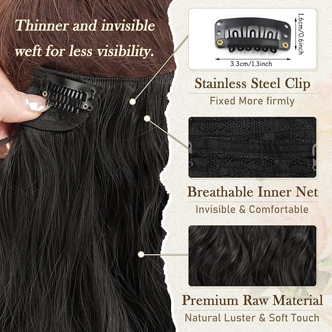 BARSDAR Wavy Black Brown Clip in Hair Extensions - Black Brown Wavy Clip in Hair Extensions for Women - 12 Inch 6 PCS Easy Wear Thick Soft Synthetic Natural Looking Hairpieces Daily Party Halloween