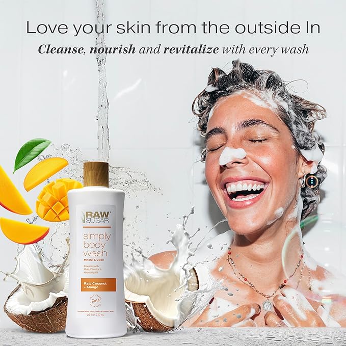 RAW SUGAR Coconut Mango Glow Gentle & Hydrating Body Wash, 20 Fl Oz (Pack of 3), Moisturizing & Brightening Bath & Shower Gel, Vegan, Formulated without SLS/SLES & Parabens